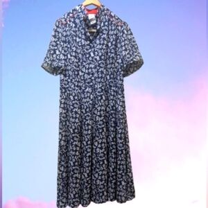 Vintage 1980s Petites by Willi Red Blue Midi Breezy Dress Notched Collar
